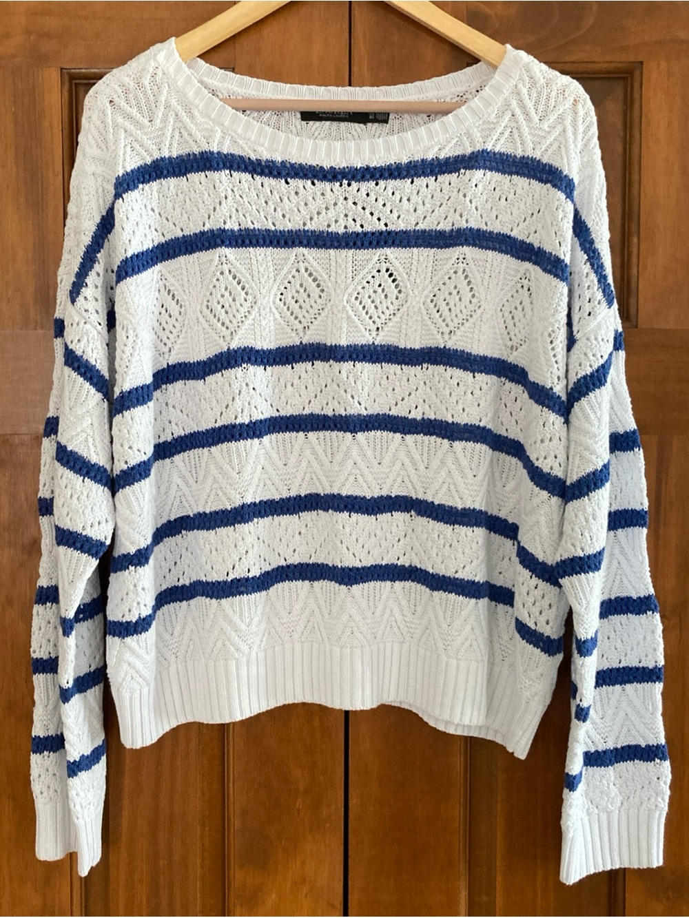 NWT Ralph Lauren White Open-Knit Crewneck Sweater with Blue Stripes women’s XL